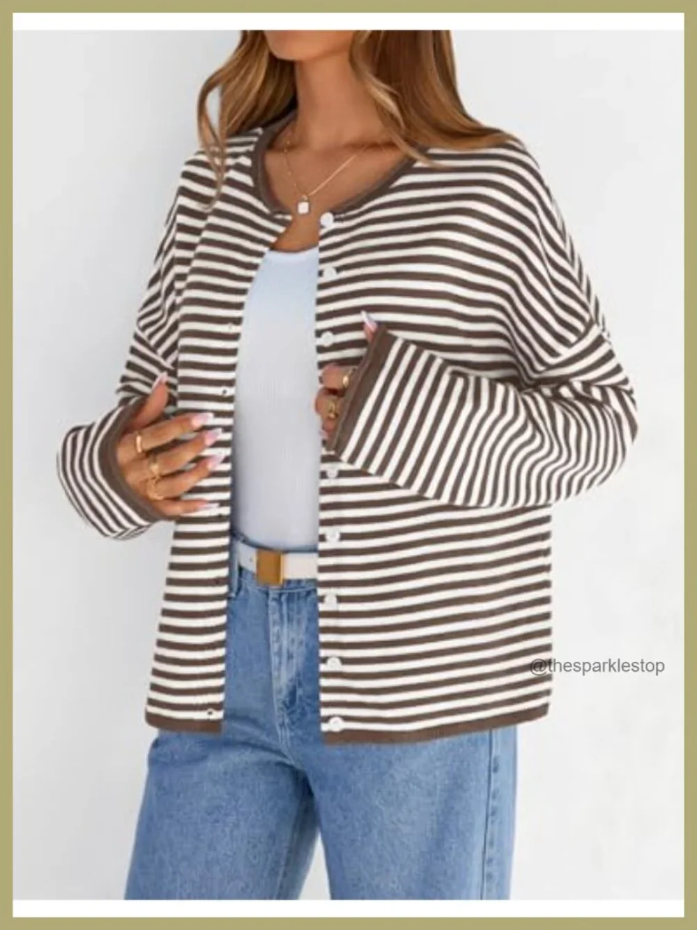Women's Striped Button Up Cardigan Sweater Long Sleeve Knit Crew Neck